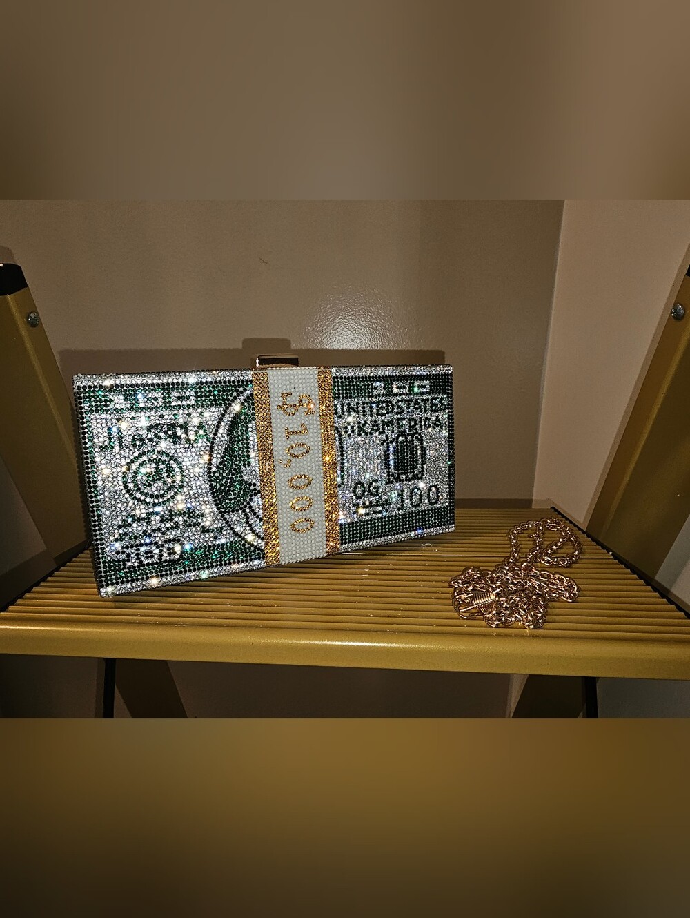 Crystal Embellished Money Stack Clutch - Green & Gold